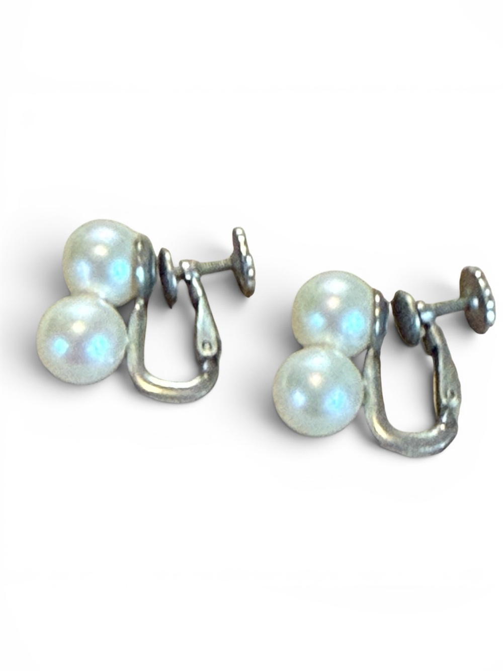Vintage Miriam Haskell Faux Pearl Screw Back Earrings Silver Tone Hardware